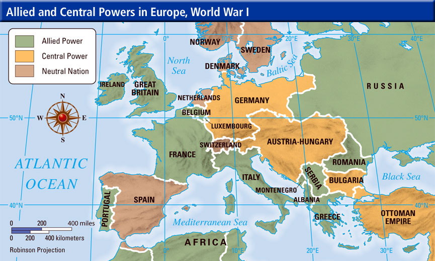 world war 1 map showing opposing countrys